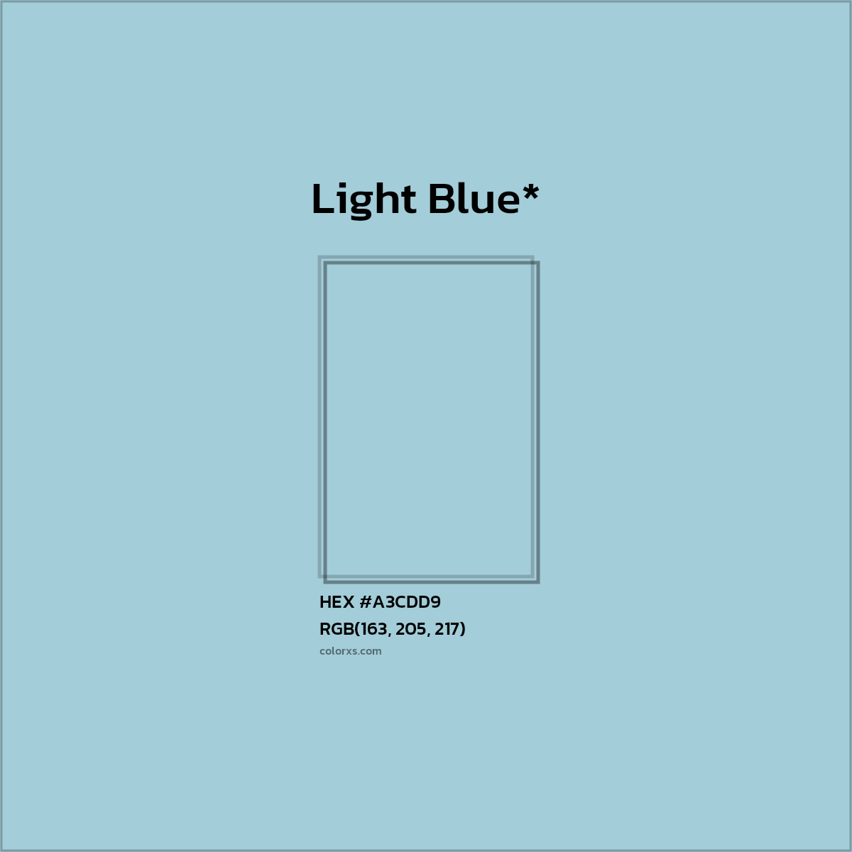 #A3CDD9 hex color. RGB, RYB, CMYK, HSL, HSV codes and color conversions. Matching color names, palettes, paints.