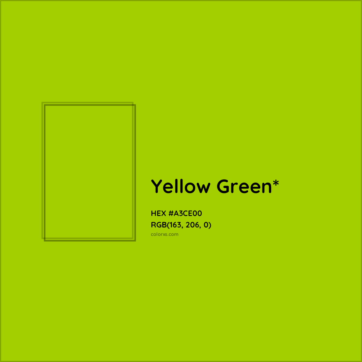 #A3CE00 hex color. RGB, RYB, CMYK, HSL, HSV codes and color conversions. Matching color names, palettes, paints.