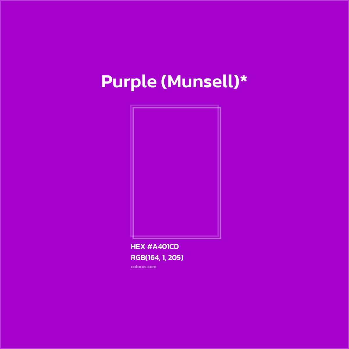 #A401CD hex color. RGB, RYB, CMYK, HSL, HSV codes and color conversions. Matching color names, palettes, paints.
