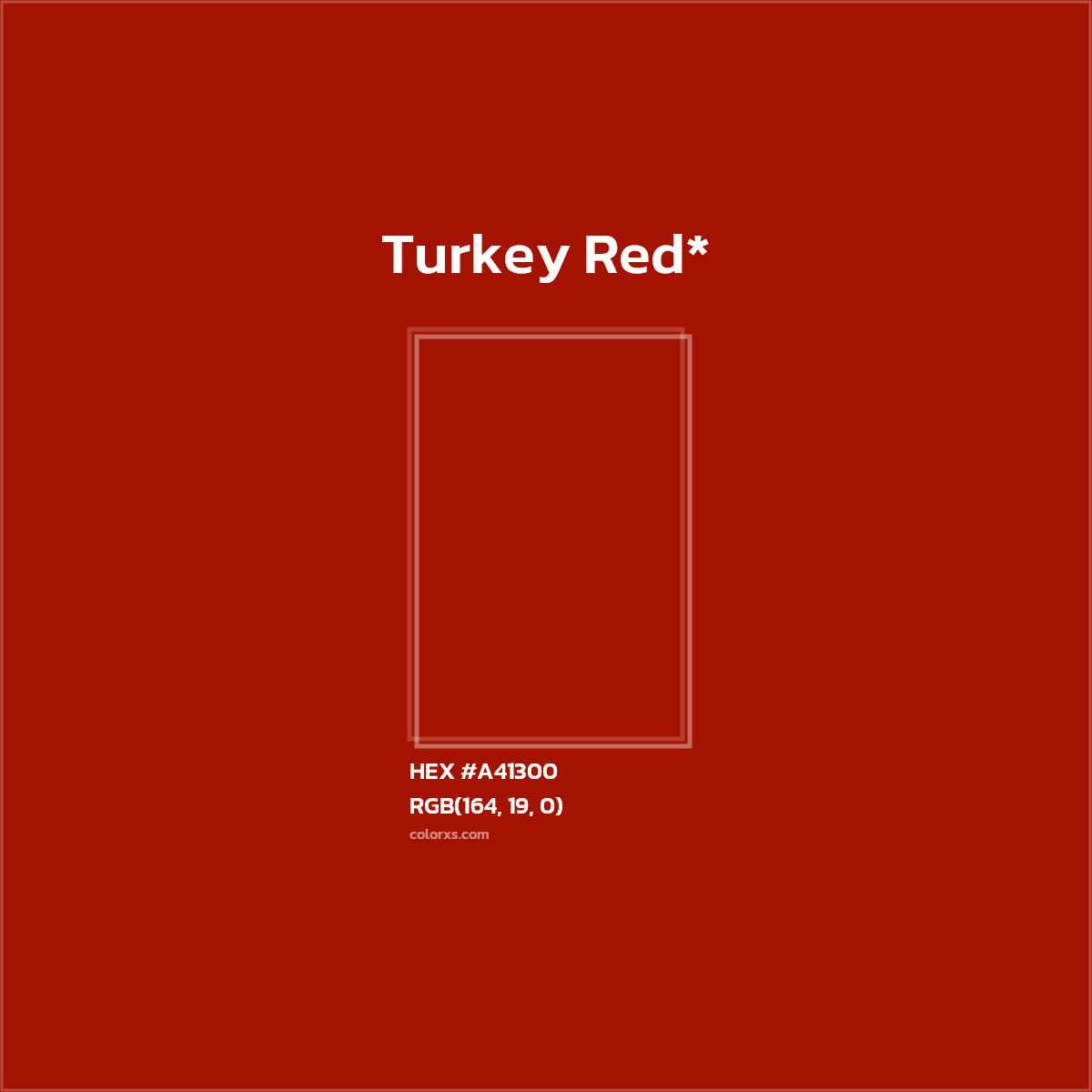#A41300 hex color. RGB, RYB, CMYK, HSL, HSV codes and color conversions. Matching color names, palettes, paints.