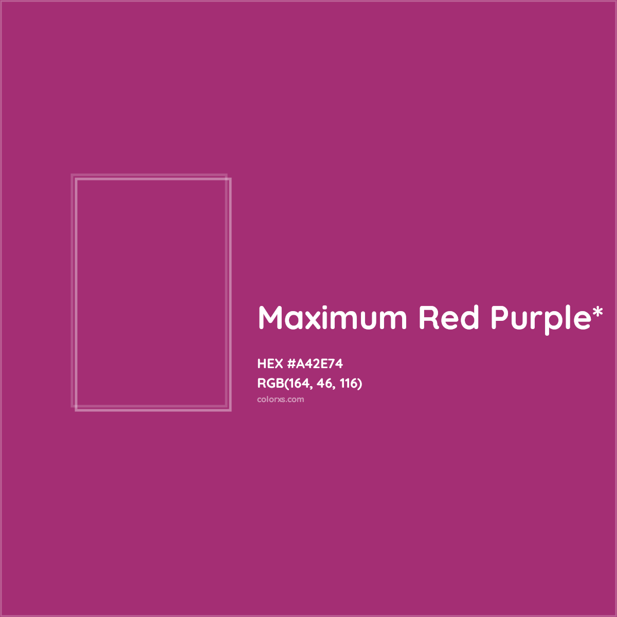 #A42E74 hex color. RGB, RYB, CMYK, HSL, HSV codes and color conversions. Matching color names, palettes, paints.