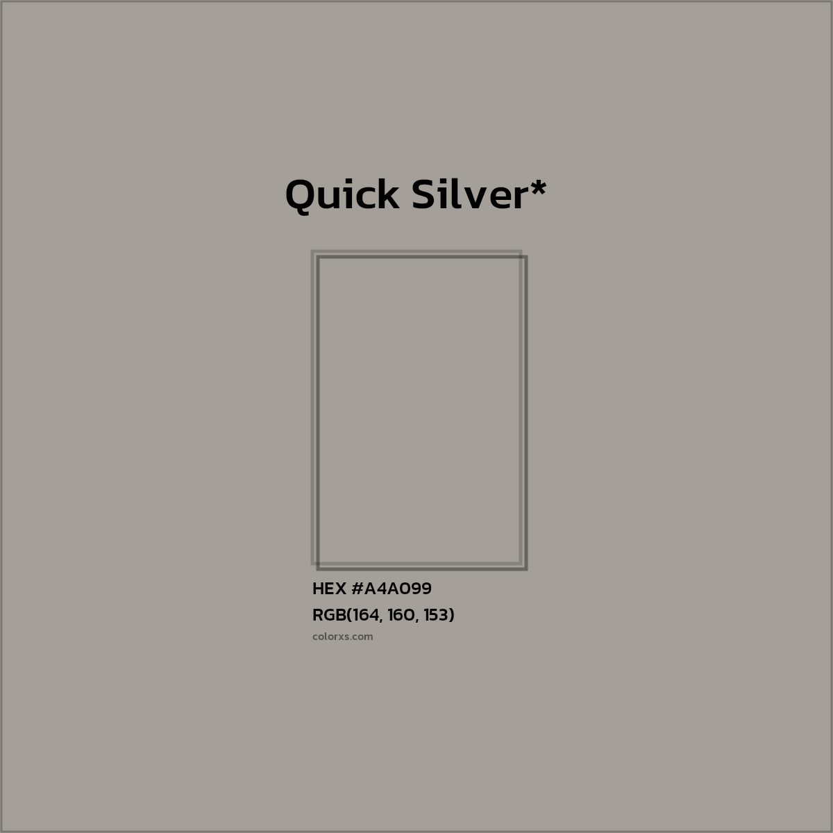#A4A099 hex color. RGB, RYB, CMYK, HSL, HSV codes and color conversions. Matching color names, palettes, paints.