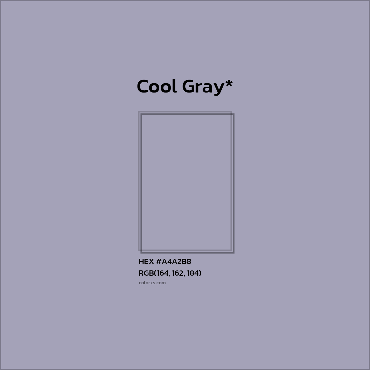 #A4A2B8 hex color. RGB, RYB, CMYK, HSL, HSV codes and color conversions. Matching color names, palettes, paints.