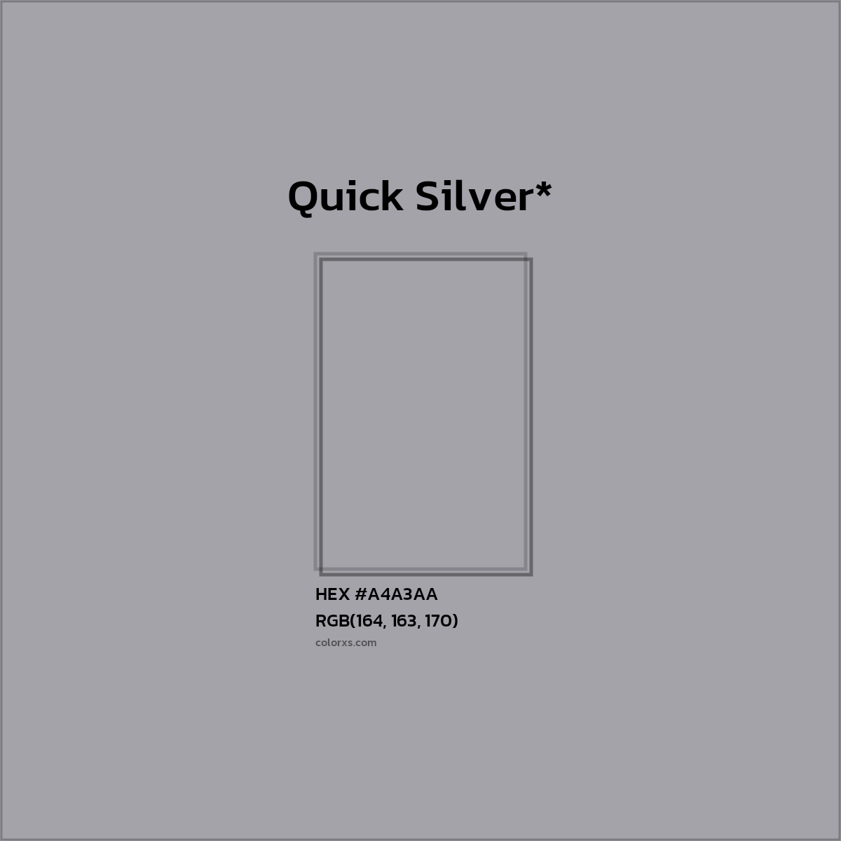#A4A3AA hex color. RGB, RYB, CMYK, HSL, HSV codes and color conversions. Matching color names, palettes, paints.