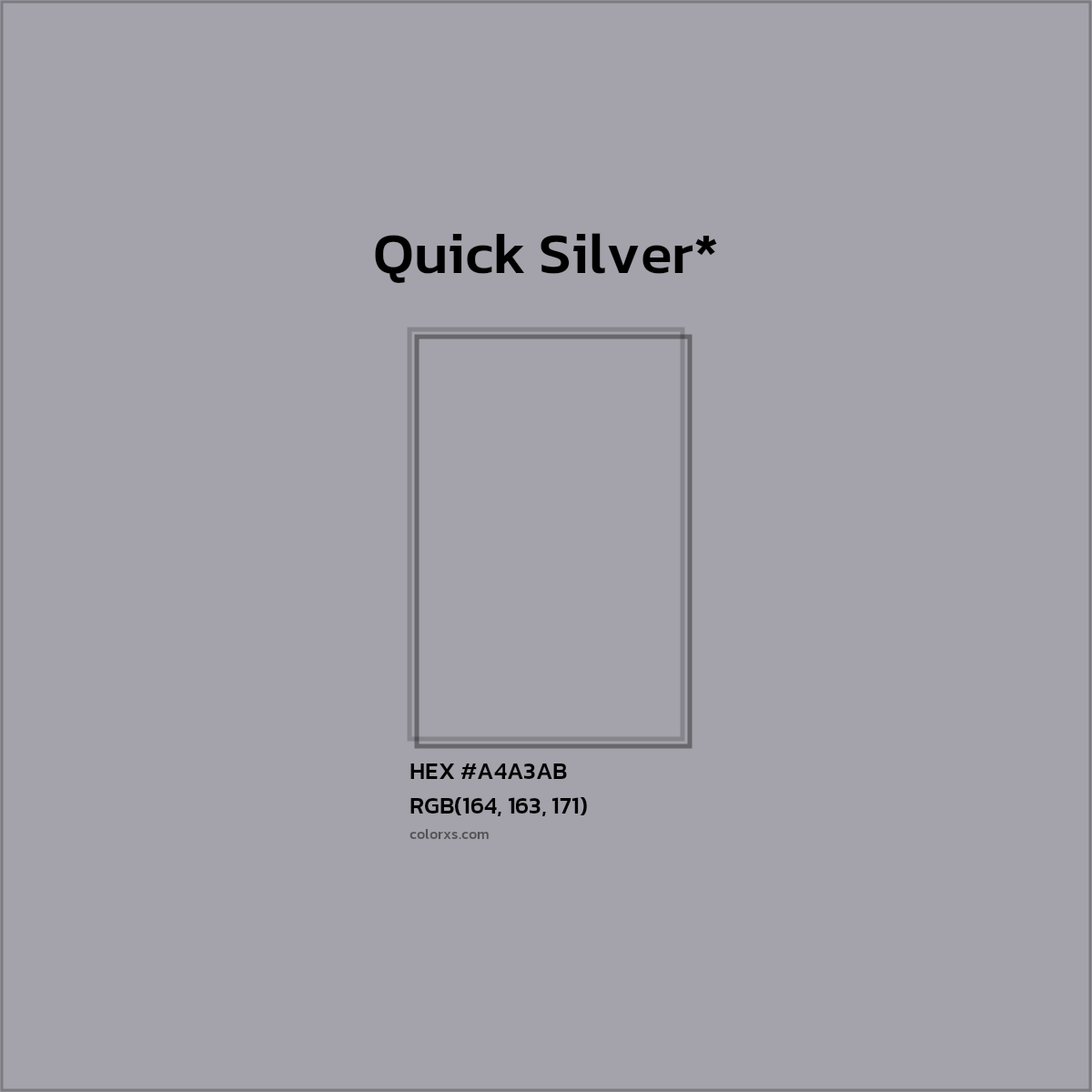 #A4A3AB hex color. RGB, RYB, CMYK, HSL, HSV codes and color conversions. Matching color names, palettes, paints.