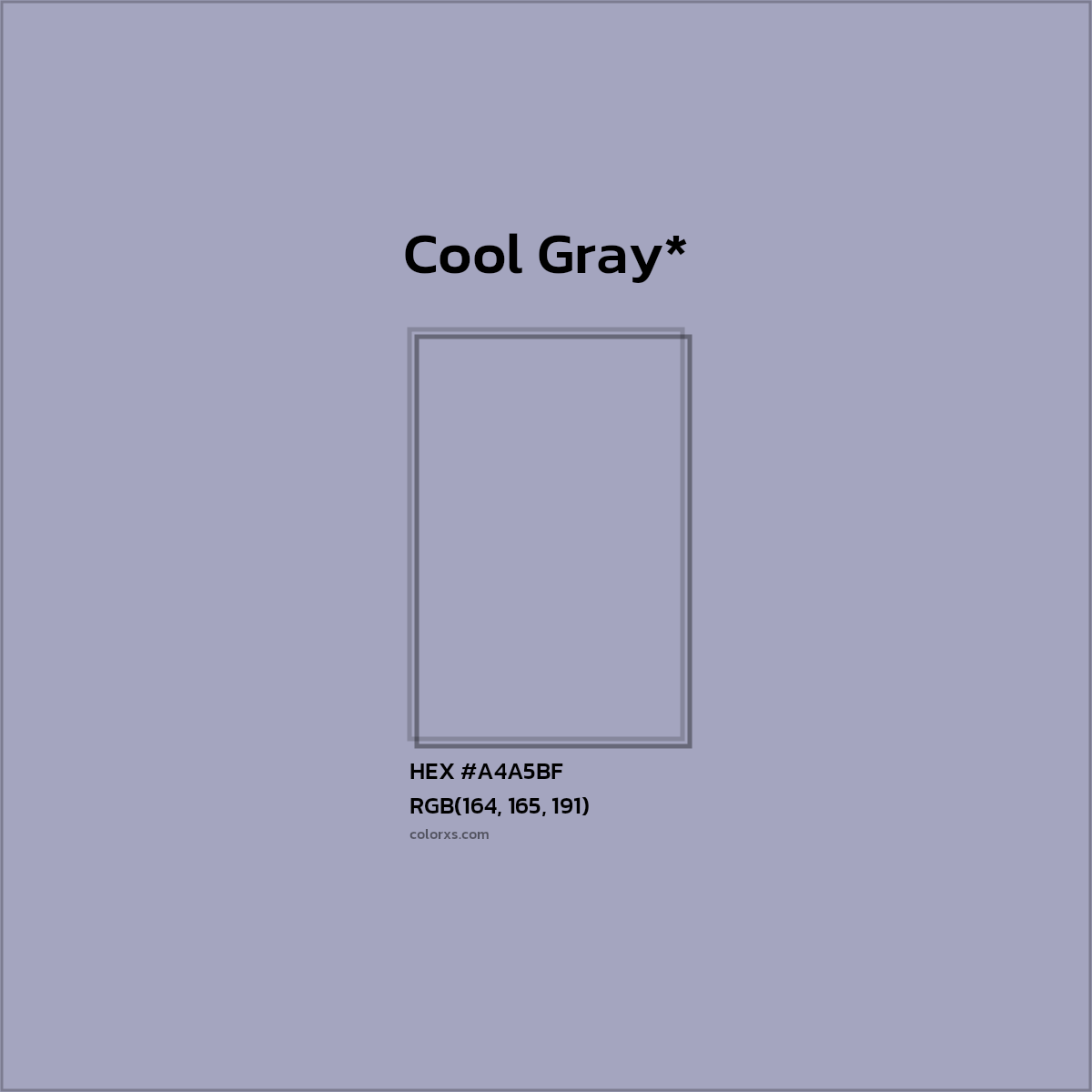 #A4A5BF hex color. RGB, RYB, CMYK, HSL, HSV codes and color conversions. Matching color names, palettes, paints.