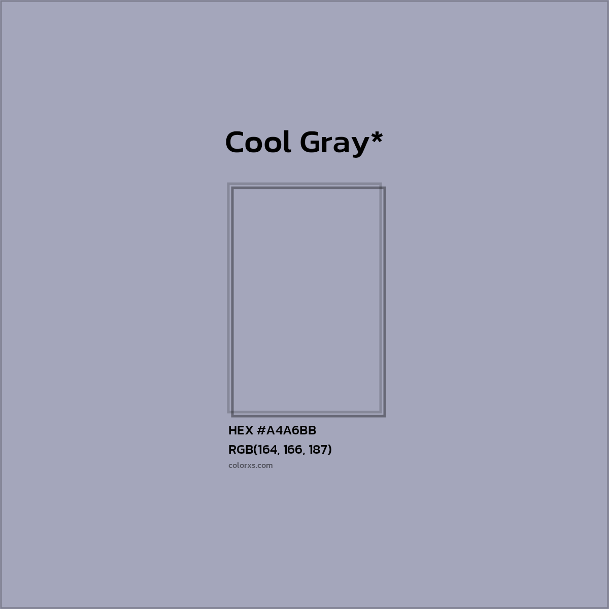 #A4A6BB hex color. RGB, RYB, CMYK, HSL, HSV codes and color conversions. Matching color names, palettes, paints.