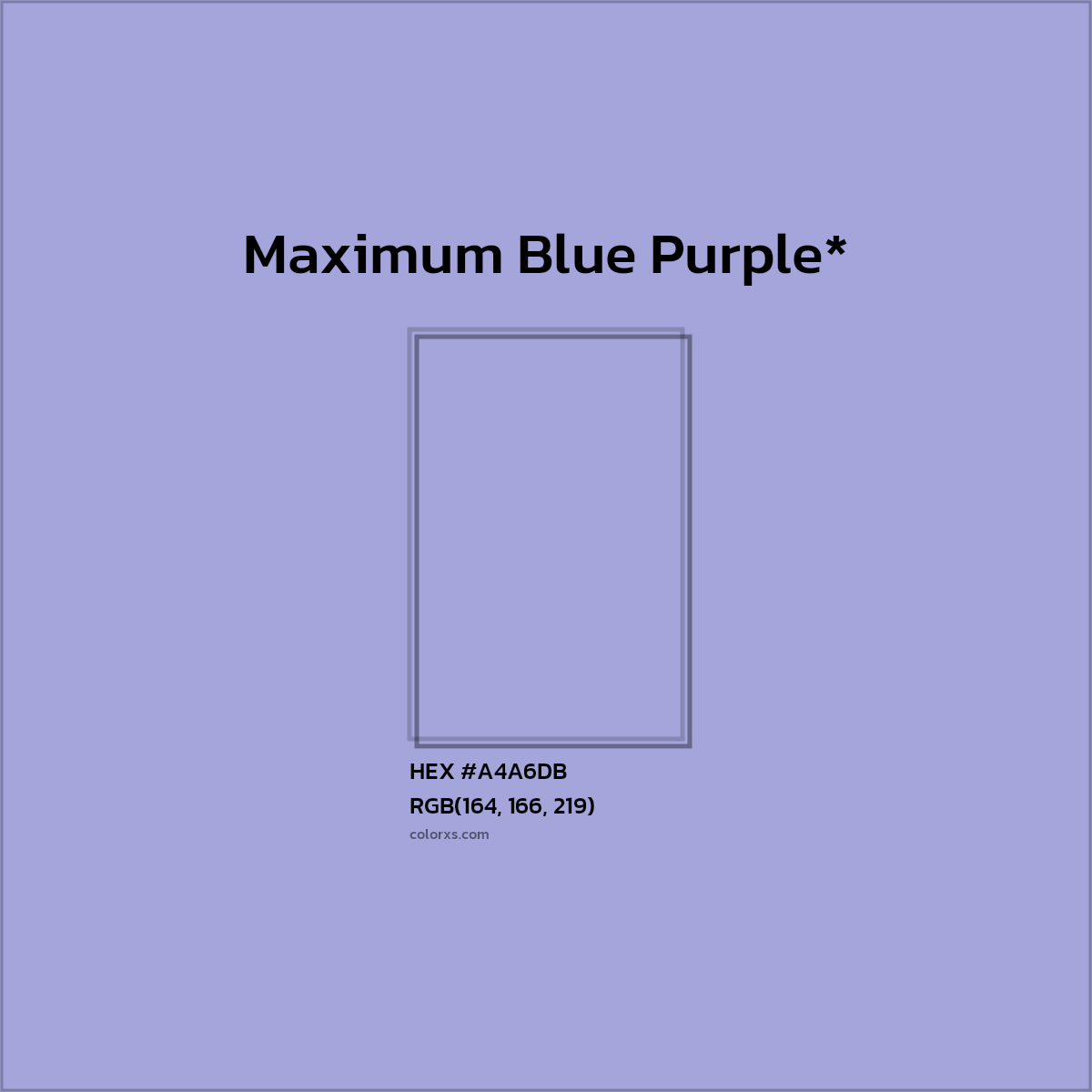 #A4A6DB hex color. RGB, RYB, CMYK, HSL, HSV codes and color conversions. Matching color names, palettes, paints.