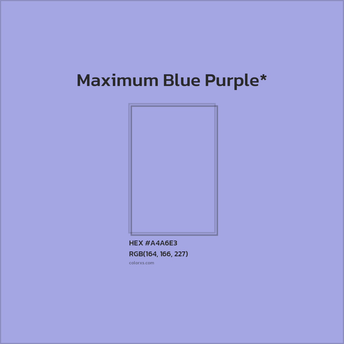 #A4A6E3 hex color. RGB, RYB, CMYK, HSL, HSV codes and color conversions. Matching color names, palettes, paints.