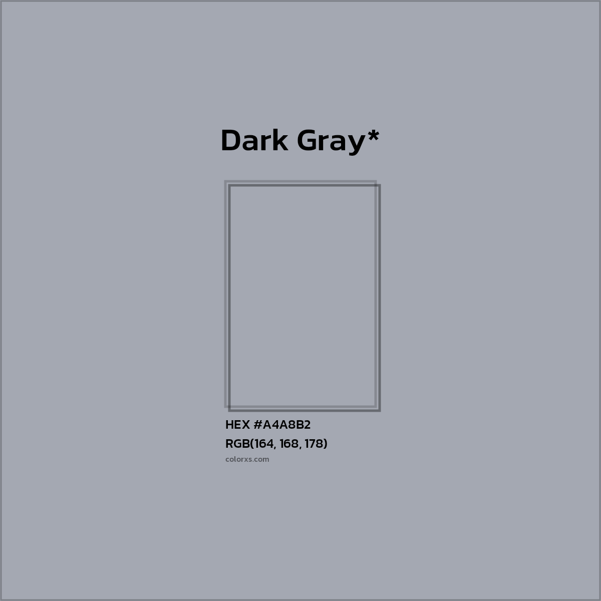 #A4A8B2 hex color. RGB, RYB, CMYK, HSL, HSV codes and color conversions. Matching color names, palettes, paints.