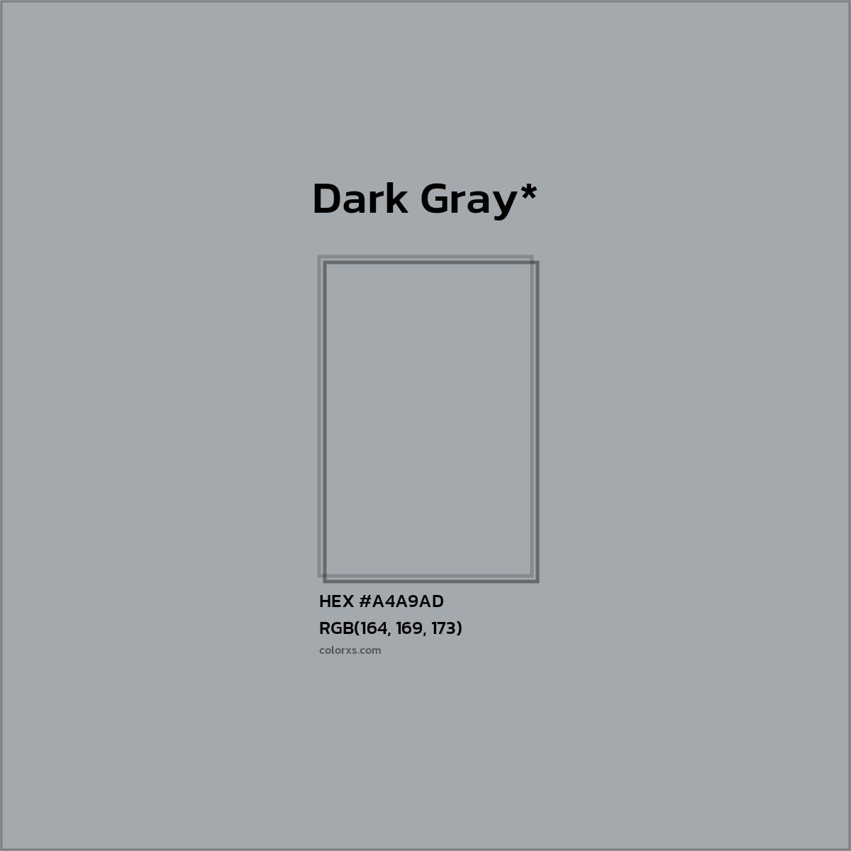 #A4A9AD hex color. RGB, RYB, CMYK, HSL, HSV codes and color conversions. Matching color names, palettes, paints.