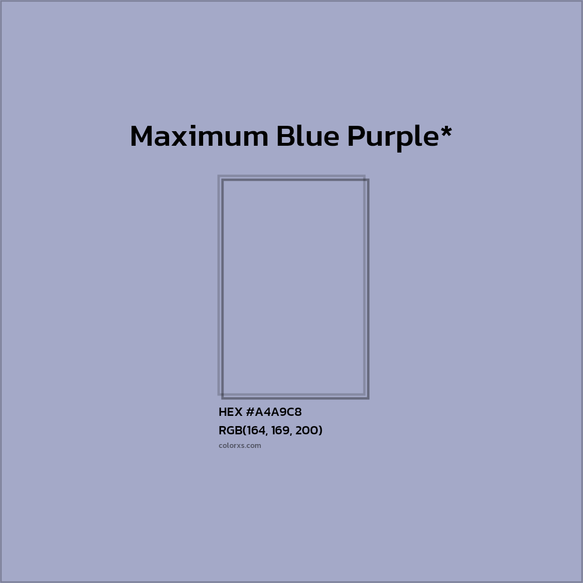 #A4A9C8 hex color. RGB, RYB, CMYK, HSL, HSV codes and color conversions. Matching color names, palettes, paints.