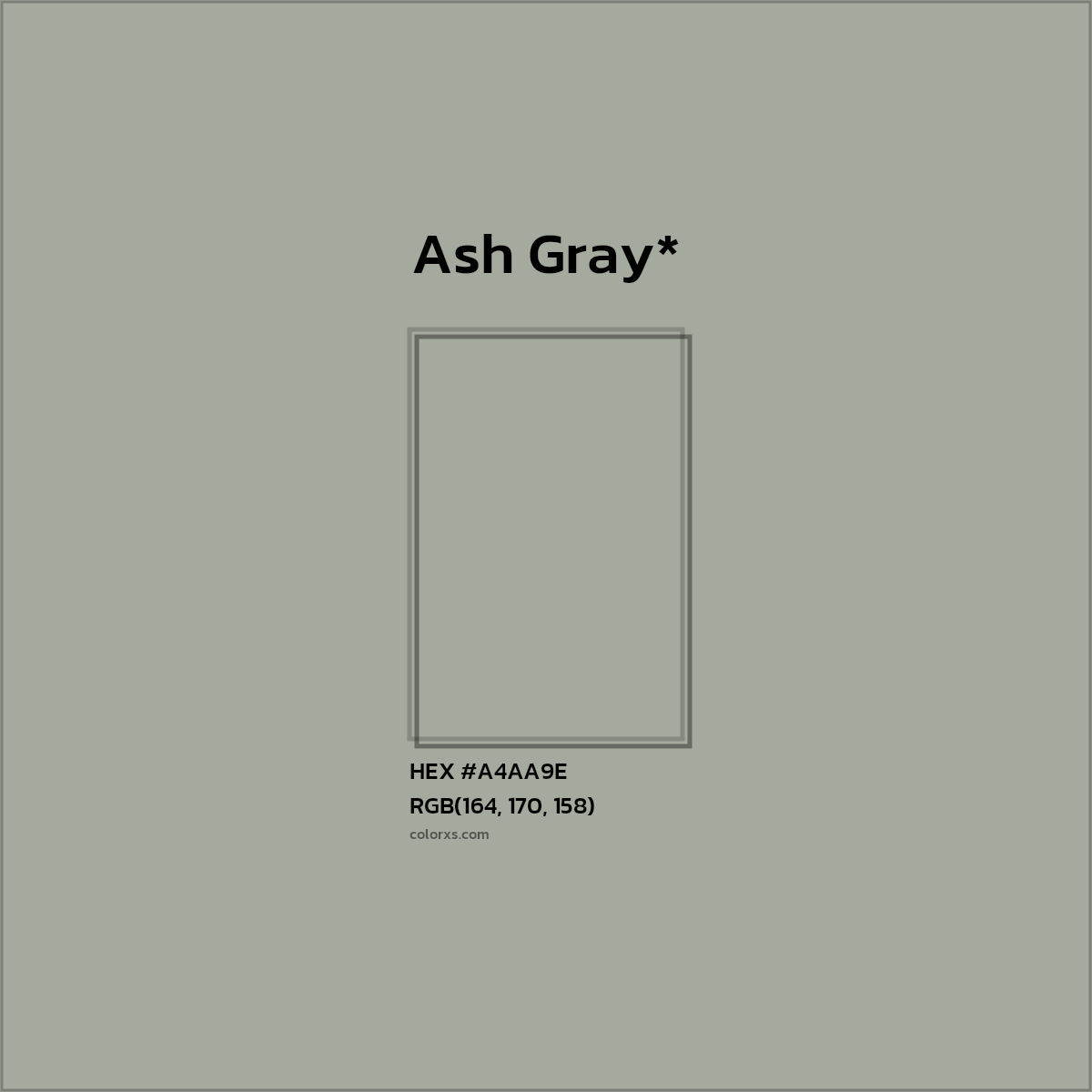#A4AA9E hex color. RGB, RYB, CMYK, HSL, HSV codes and color conversions. Matching color names, palettes, paints.
