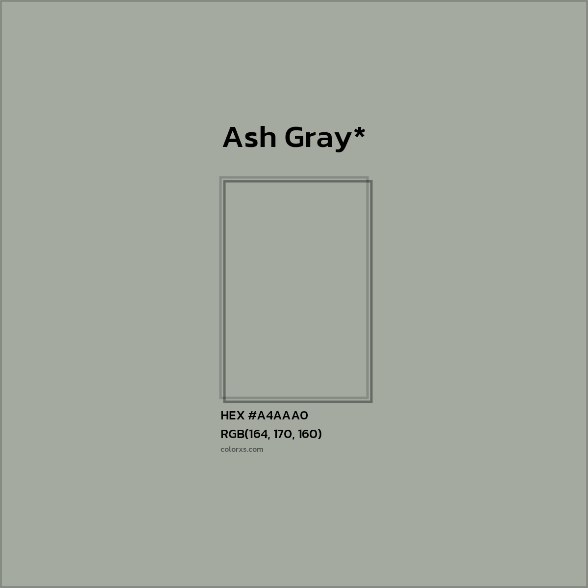 #A4AAA0 hex color. RGB, RYB, CMYK, HSL, HSV codes and color conversions. Matching color names, palettes, paints.