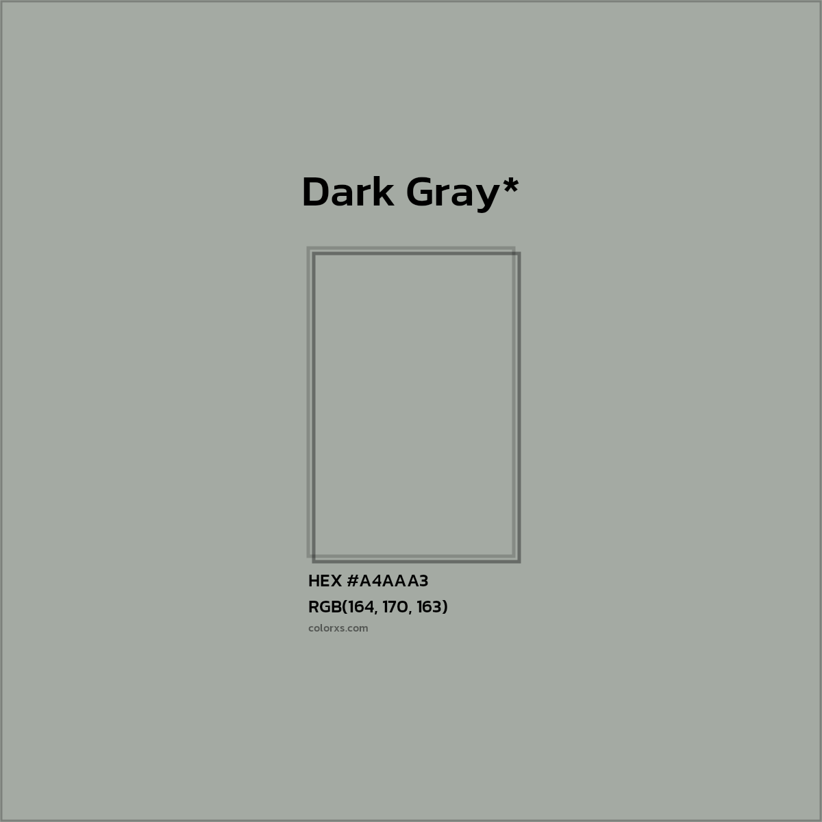#A4AAA3 hex color. RGB, RYB, CMYK, HSL, HSV codes and color conversions. Matching color names, palettes, paints.