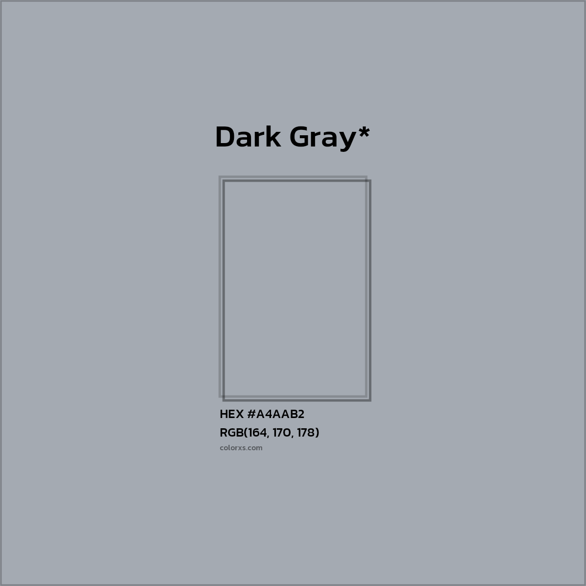 #A4AAB2 hex color. RGB, RYB, CMYK, HSL, HSV codes and color conversions. Matching color names, palettes, paints.