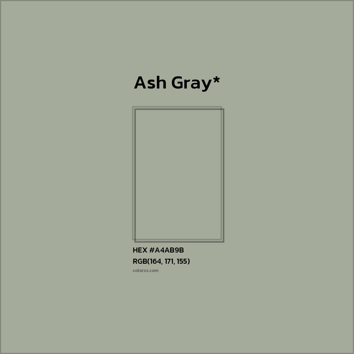 #A4AB9B hex color. RGB, RYB, CMYK, HSL, HSV codes and color conversions. Matching color names, palettes, paints.