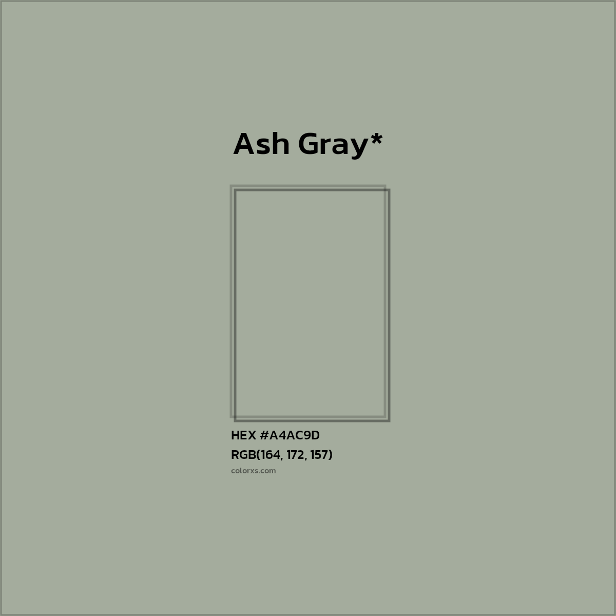 #A4AC9D hex color. RGB, RYB, CMYK, HSL, HSV codes and color conversions. Matching color names, palettes, paints.