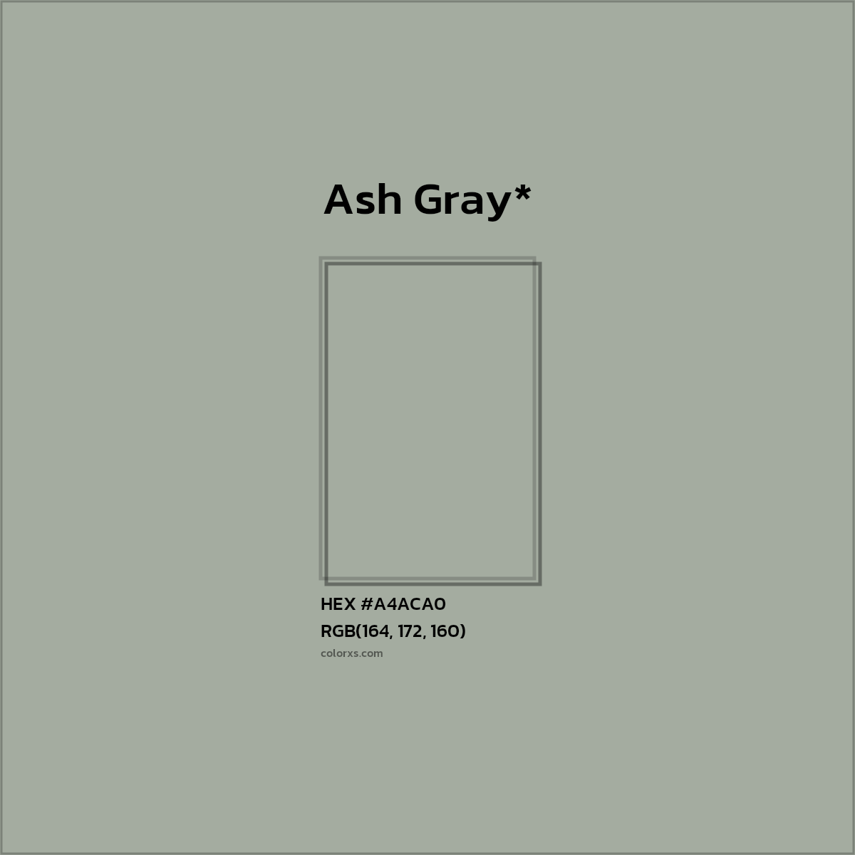 #A4ACA0 hex color. RGB, RYB, CMYK, HSL, HSV codes and color conversions. Matching color names, palettes, paints.