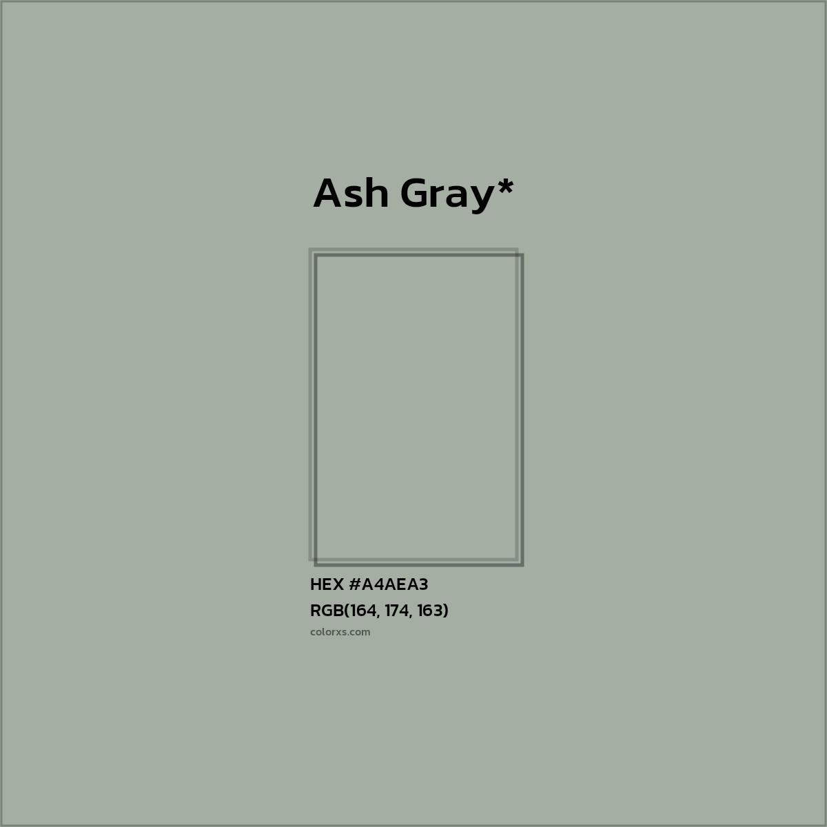 #A4AEA3 hex color. RGB, RYB, CMYK, HSL, HSV codes and color conversions. Matching color names, palettes, paints.