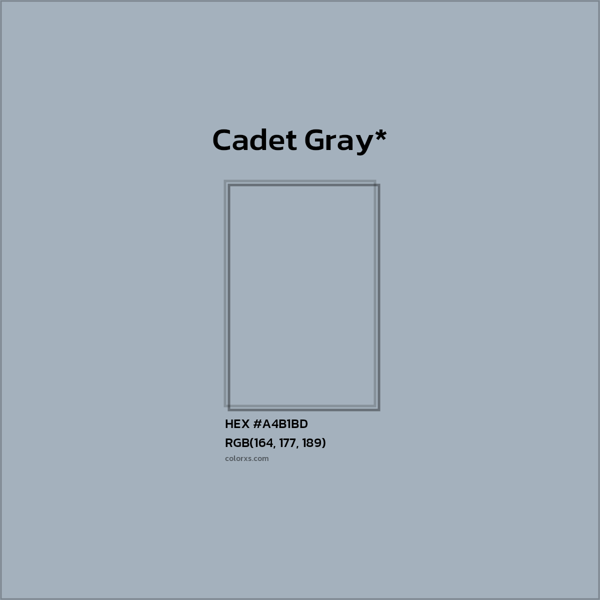 #A4B1BD hex color. RGB, RYB, CMYK, HSL, HSV codes and color conversions. Matching color names, palettes, paints.