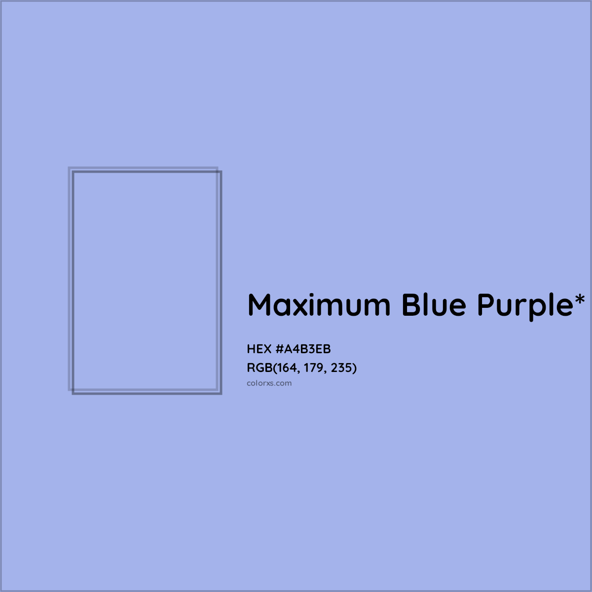 #A4B3EB hex color. RGB, RYB, CMYK, HSL, HSV codes and color conversions. Matching color names, palettes, paints.