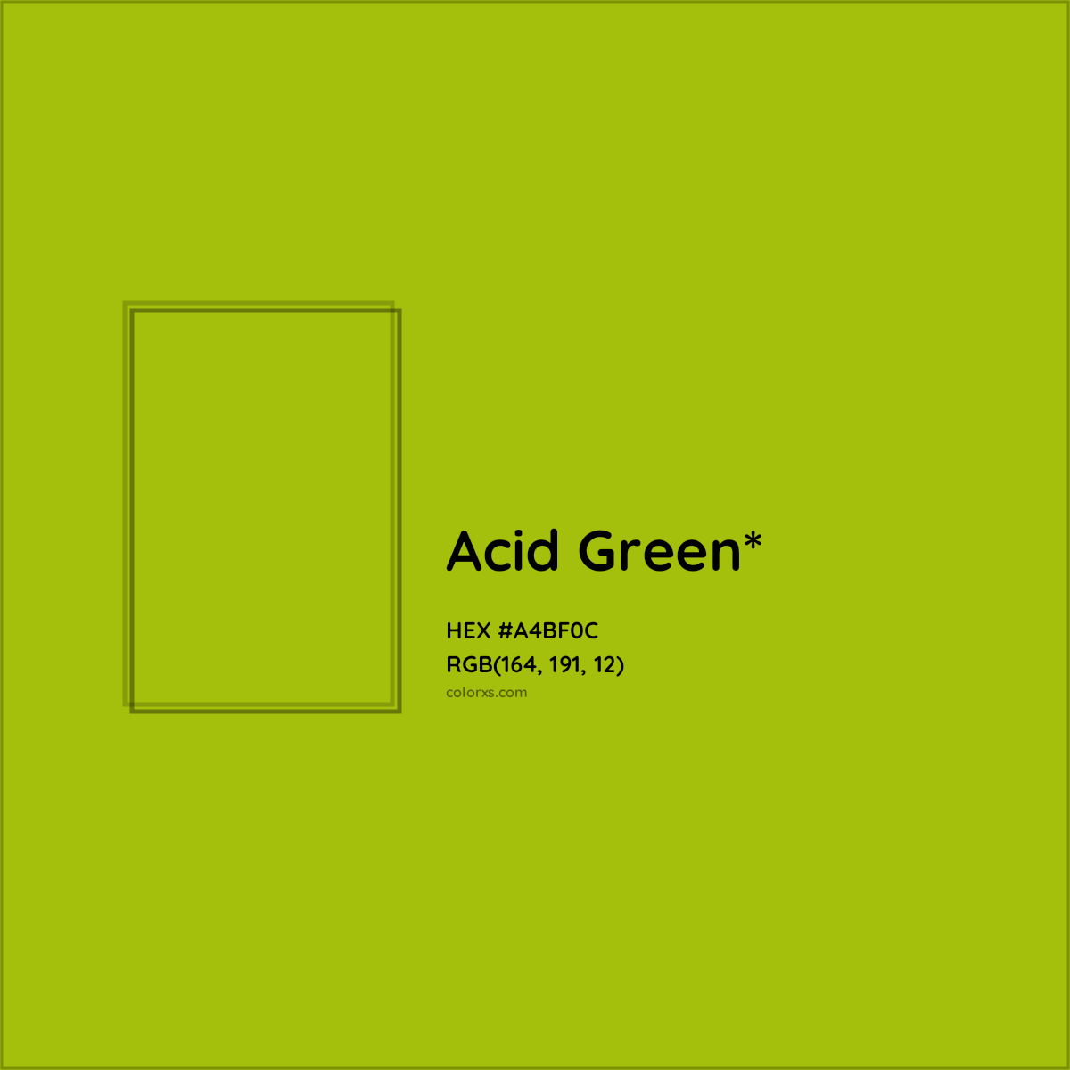 #A4BF0C hex color. RGB, RYB, CMYK, HSL, HSV codes and color conversions. Matching color names, palettes, paints.