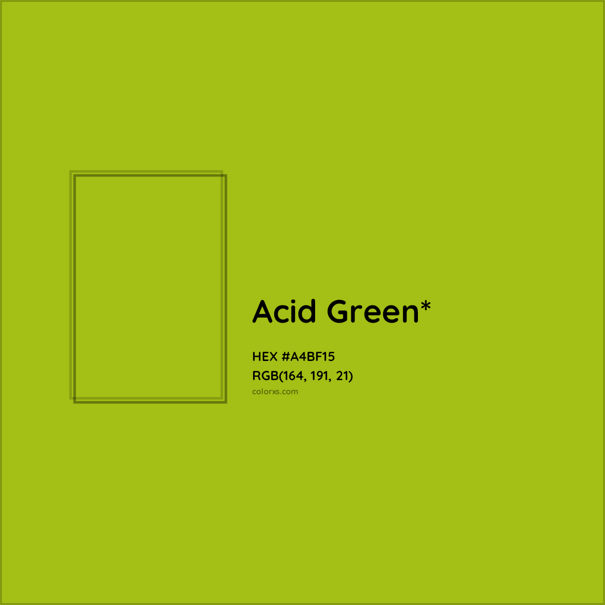 #A4BF15 hex color. RGB, RYB, CMYK, HSL, HSV codes and color conversions. Matching color names, palettes, paints.