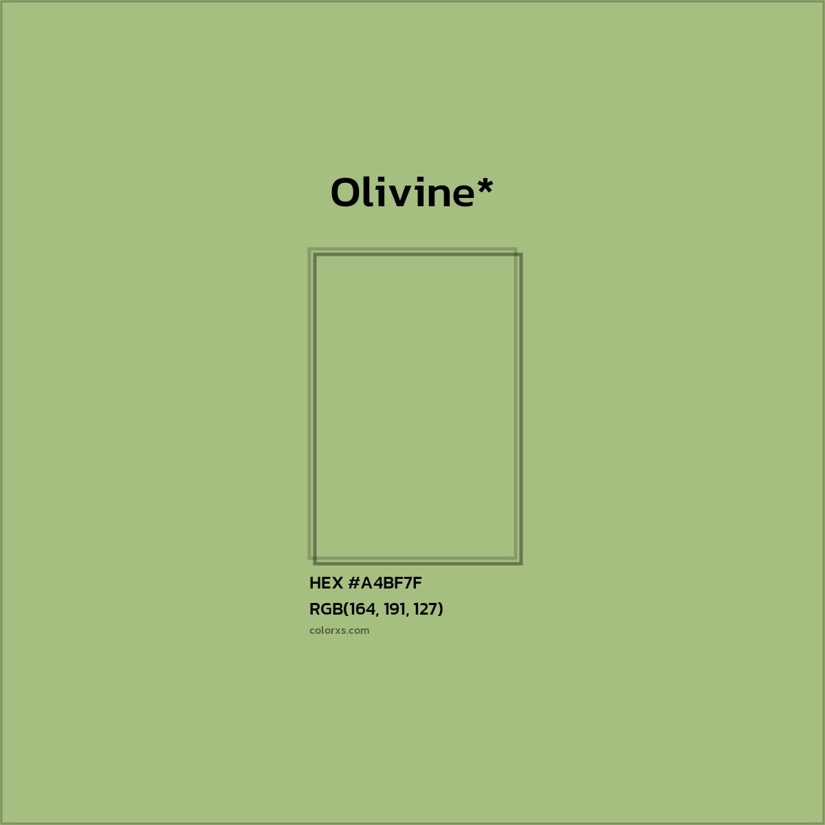 #A4BF7F hex color. RGB, RYB, CMYK, HSL, HSV codes and color conversions. Matching color names, palettes, paints.