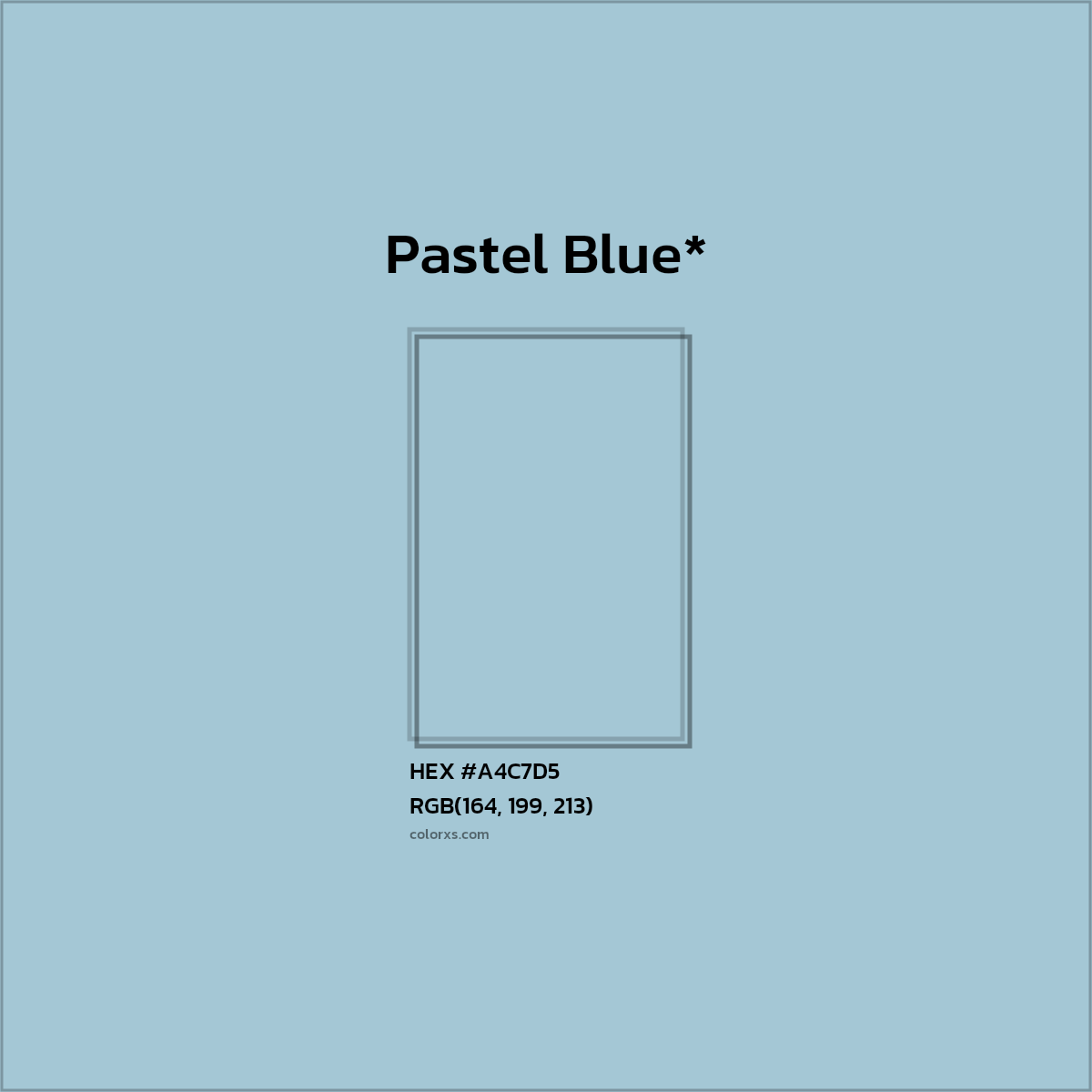 #A4C7D5 hex color. RGB, RYB, CMYK, HSL, HSV codes and color conversions. Matching color names, palettes, paints.