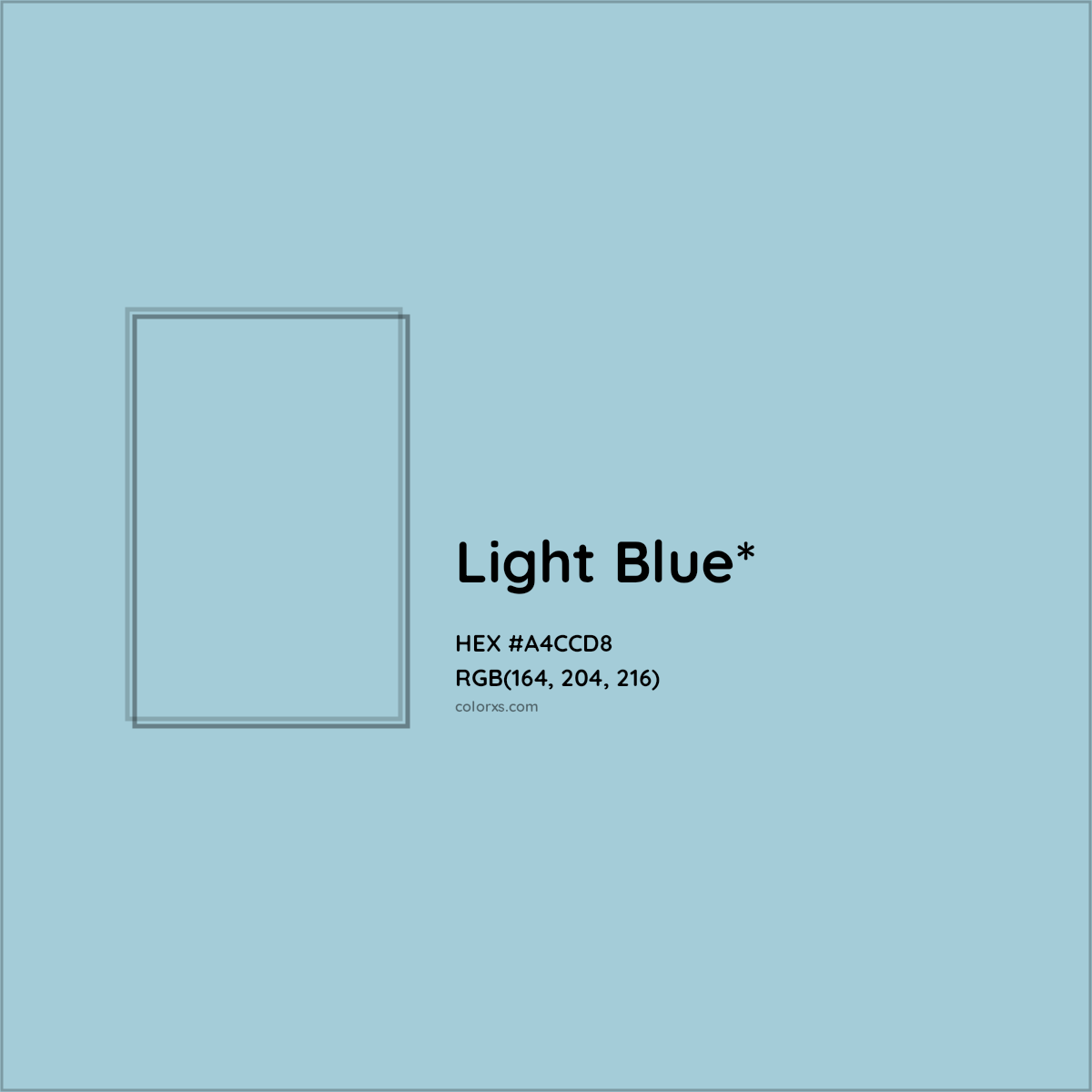 #A4CCD8 hex color. RGB, RYB, CMYK, HSL, HSV codes and color conversions. Matching color names, palettes, paints.