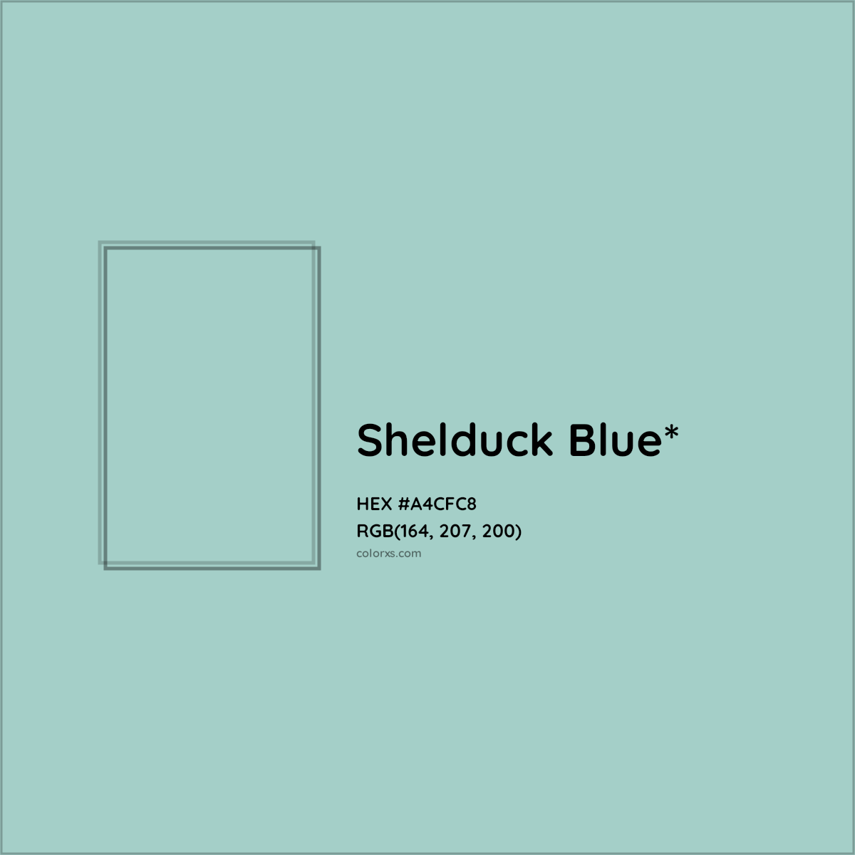 #A4CFC8 hex color. RGB, RYB, CMYK, HSL, HSV codes and color conversions. Matching color names, palettes, paints.