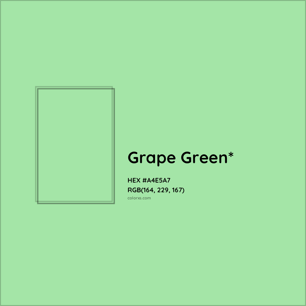 #A4E5A7 hex color. RGB, RYB, CMYK, HSL, HSV codes and color conversions. Matching color names, palettes, paints.