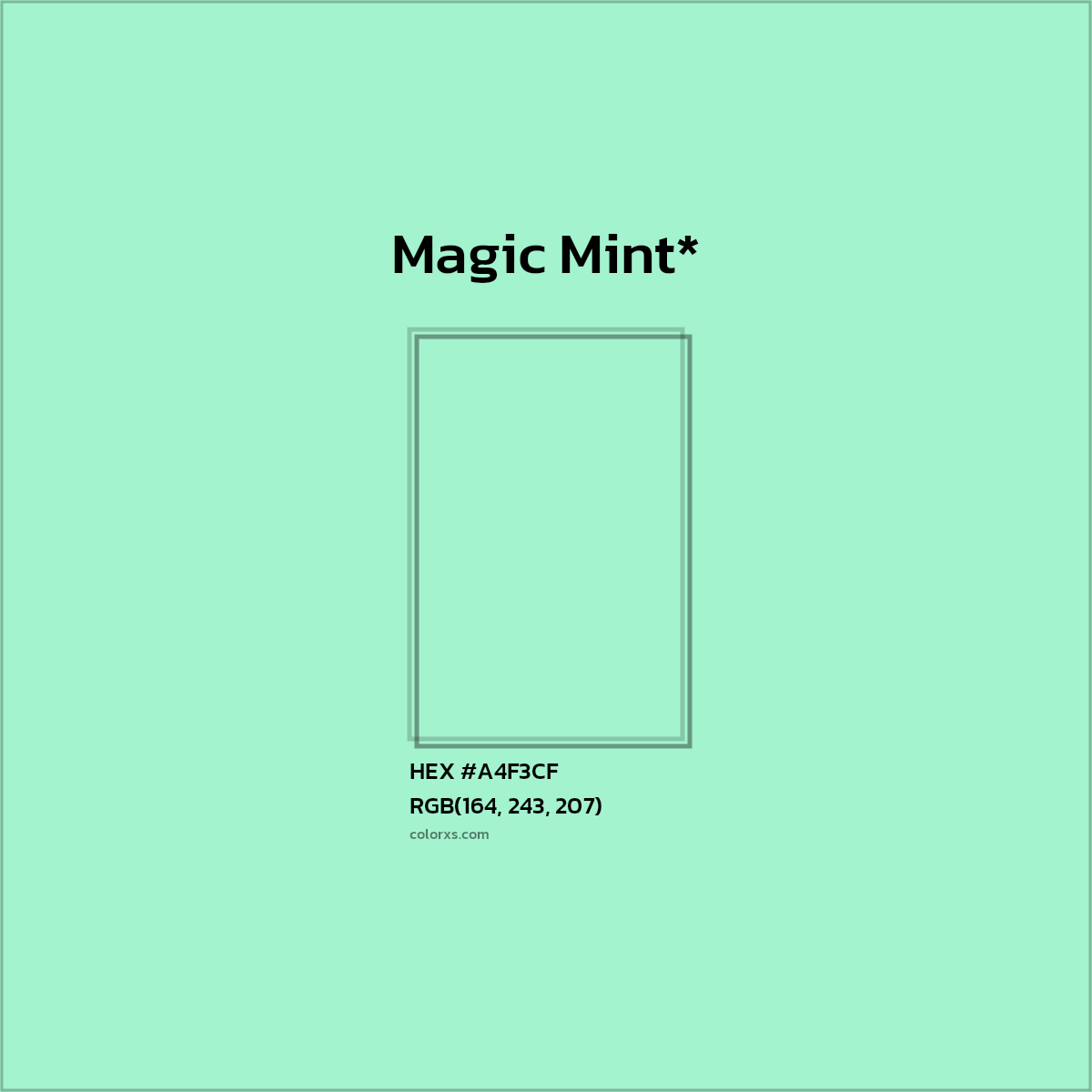 #A4F3CF hex color. RGB, RYB, CMYK, HSL, HSV codes and color conversions. Matching color names, palettes, paints.