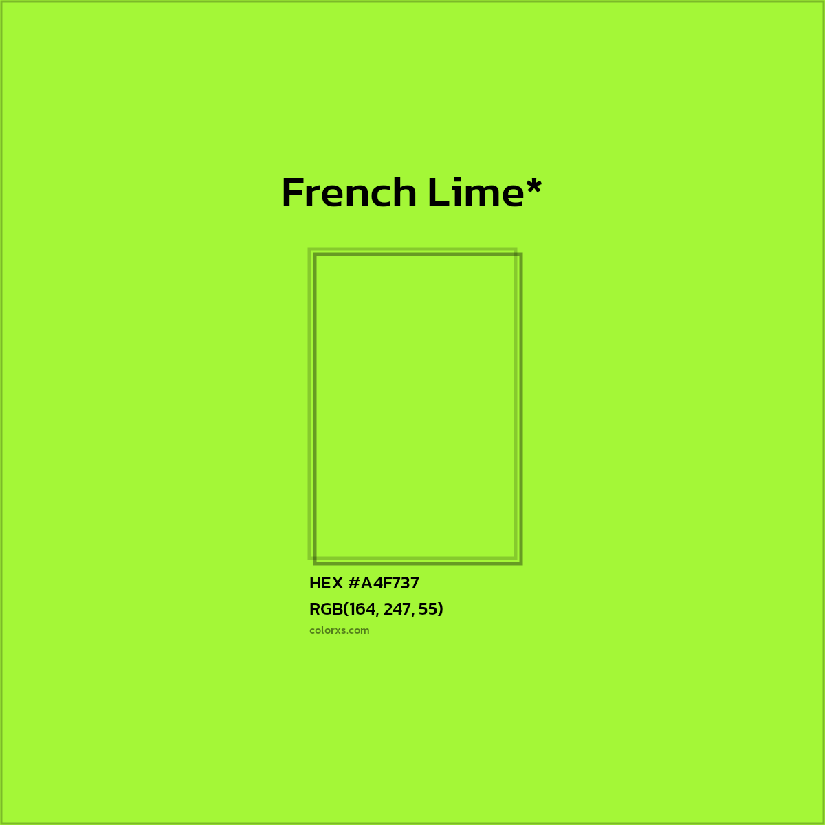 #A4F737 hex color. RGB, RYB, CMYK, HSL, HSV codes and color conversions. Matching color names, palettes, paints.