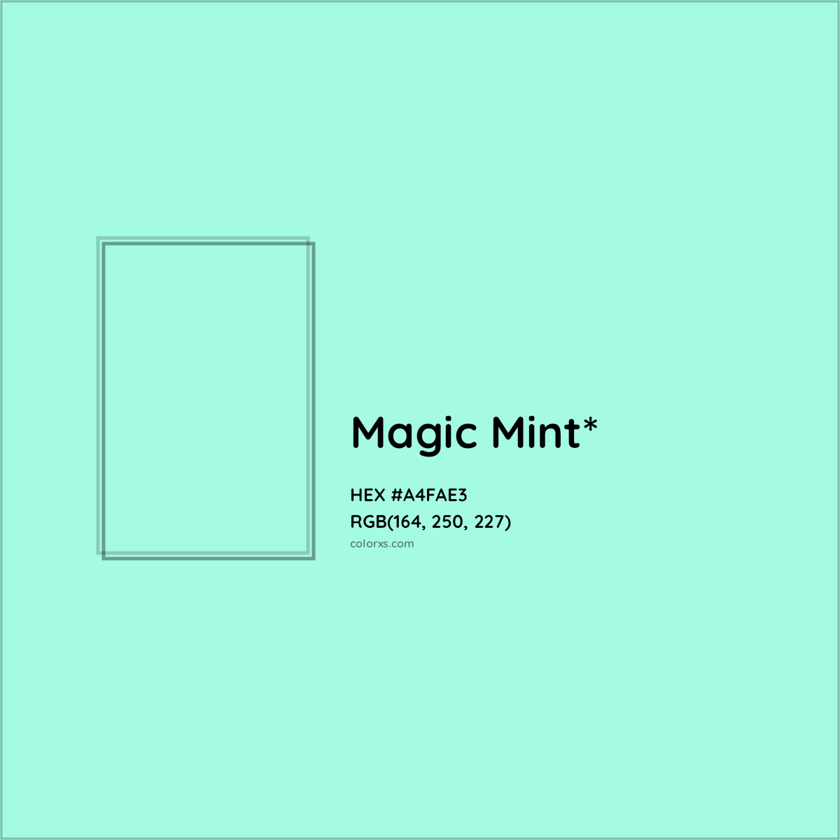 #A4FAE3 hex color. RGB, RYB, CMYK, HSL, HSV codes and color conversions. Matching color names, palettes, paints.