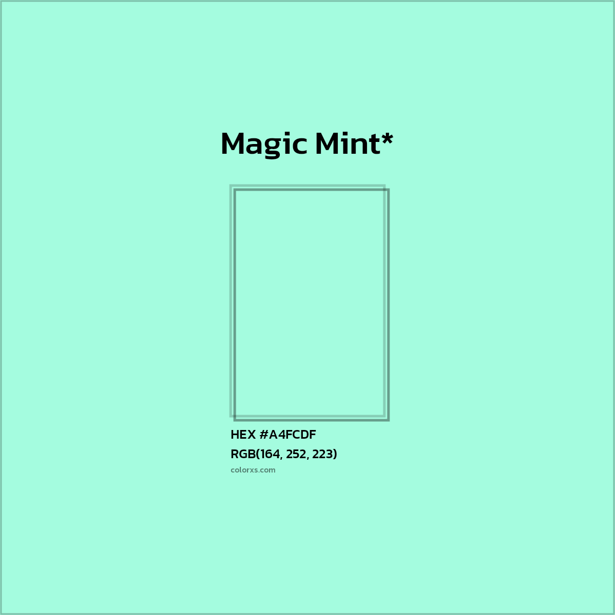#A4FCDF hex color. RGB, RYB, CMYK, HSL, HSV codes and color conversions. Matching color names, palettes, paints.