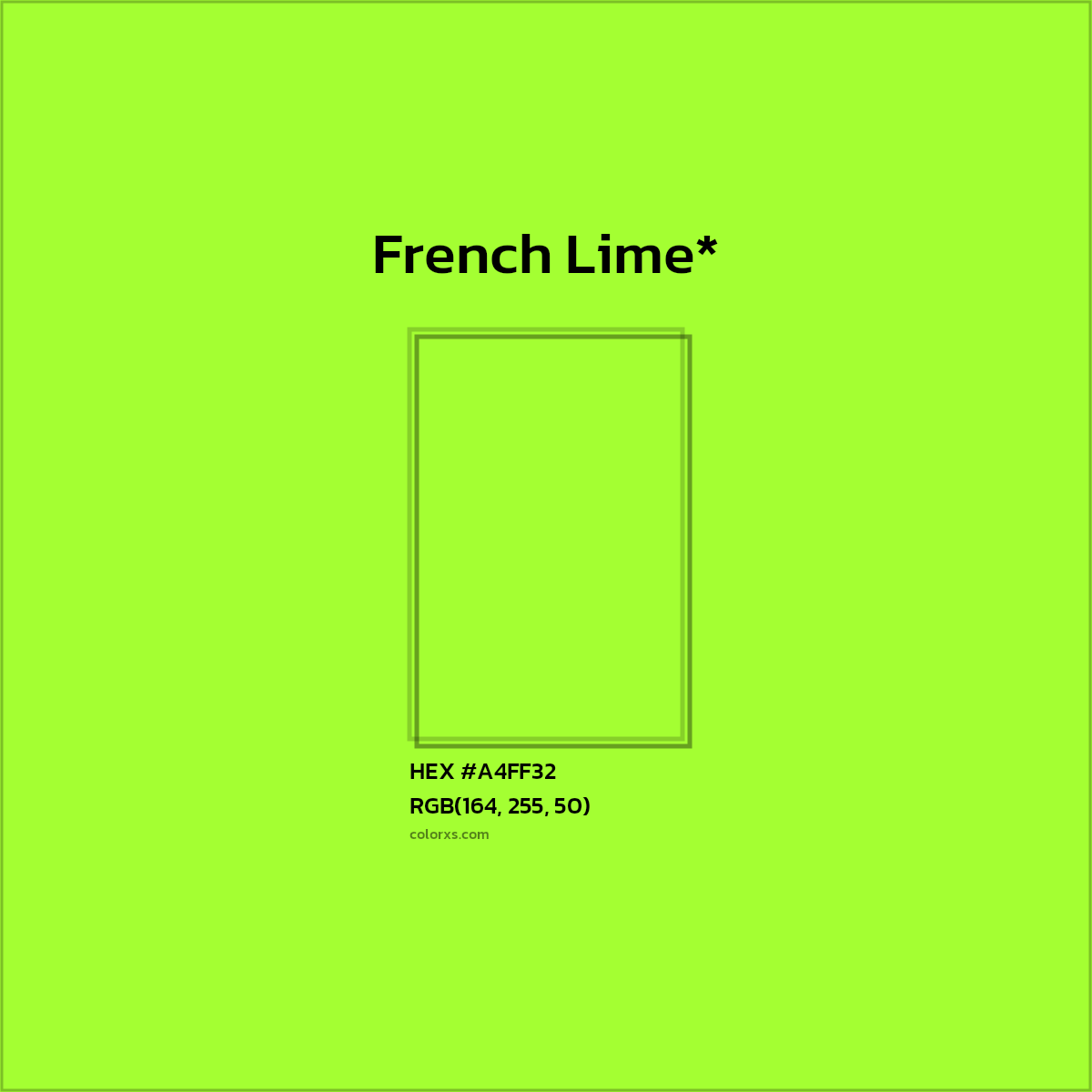 #A4FF32 hex color. RGB, RYB, CMYK, HSL, HSV codes and color conversions. Matching color names, palettes, paints.