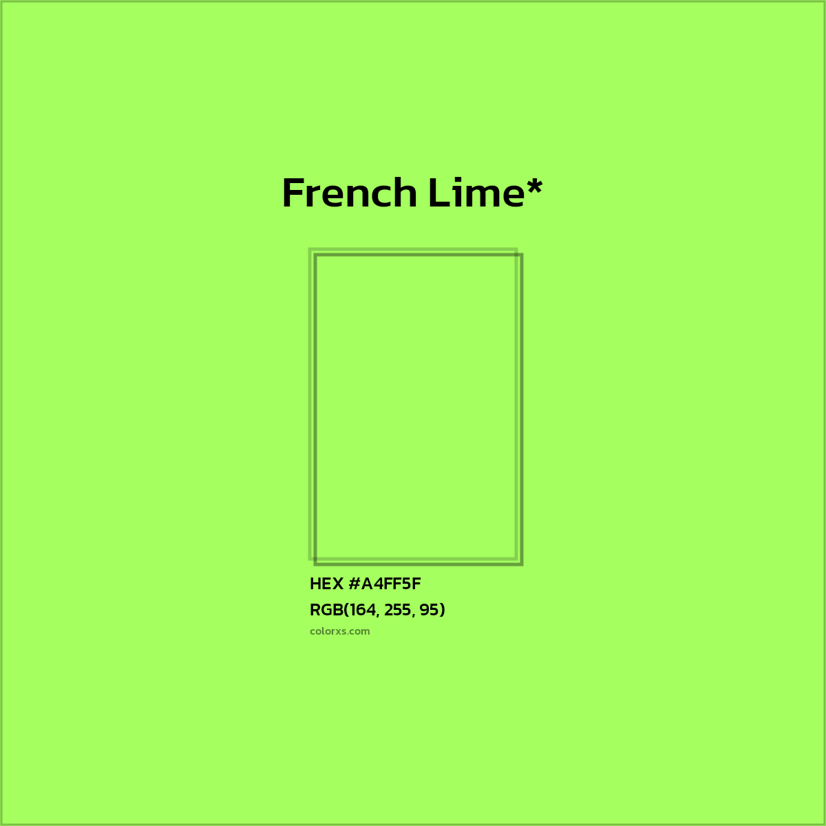 #A4FF5F hex color. RGB, RYB, CMYK, HSL, HSV codes and color conversions. Matching color names, palettes, paints.