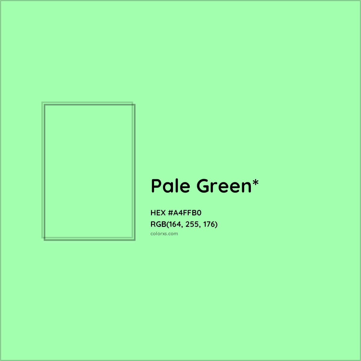#A4FFB0 hex color. RGB, RYB, CMYK, HSL, HSV codes and color conversions. Matching color names, palettes, paints.