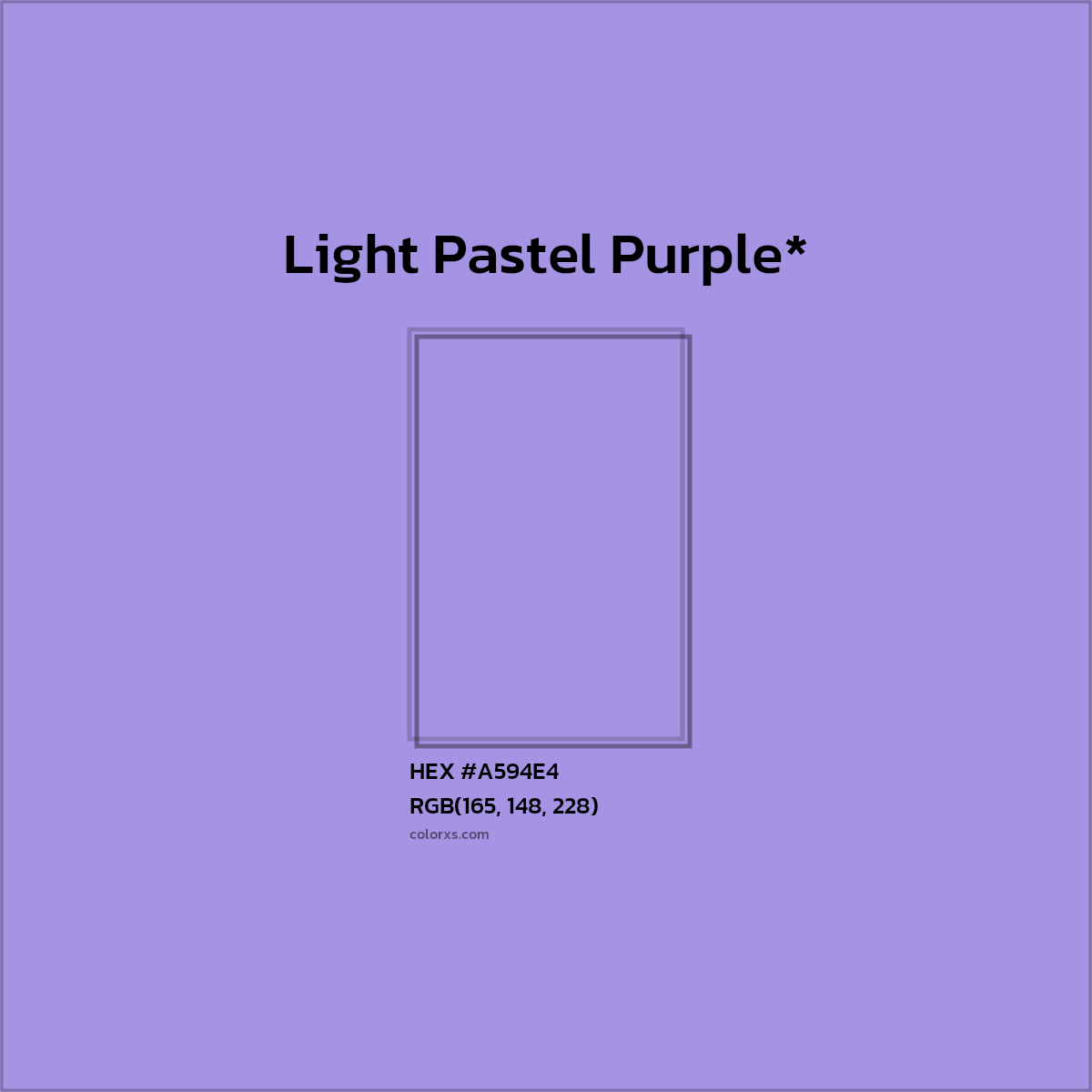 #A594E4 hex color. RGB, RYB, CMYK, HSL, HSV codes and color conversions. Matching color names, palettes, paints.