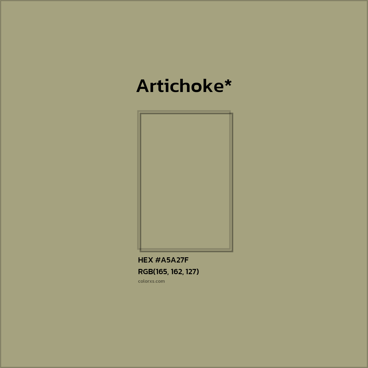 #A5A27F hex color. RGB, RYB, CMYK, HSL, HSV codes and color conversions. Matching color names, palettes, paints.