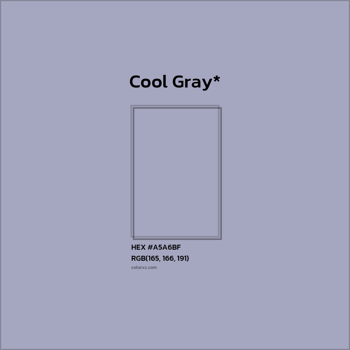#A5A6BF hex color. RGB, RYB, CMYK, HSL, HSV codes and color conversions. Matching color names, palettes, paints.
