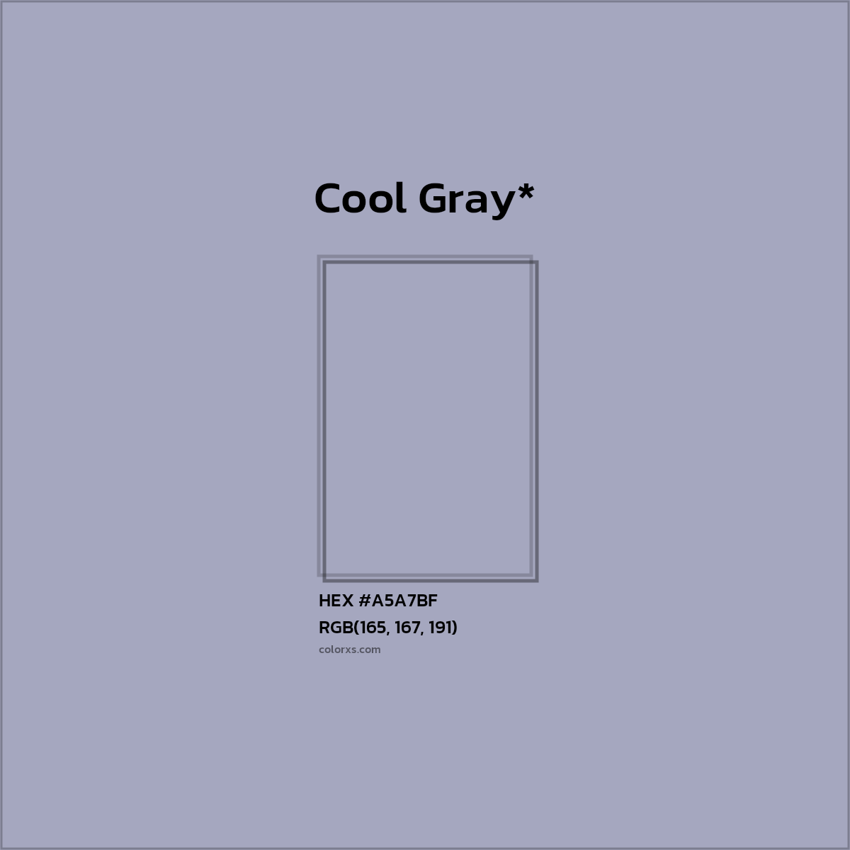 #A5A7BF hex color. RGB, RYB, CMYK, HSL, HSV codes and color conversions. Matching color names, palettes, paints.