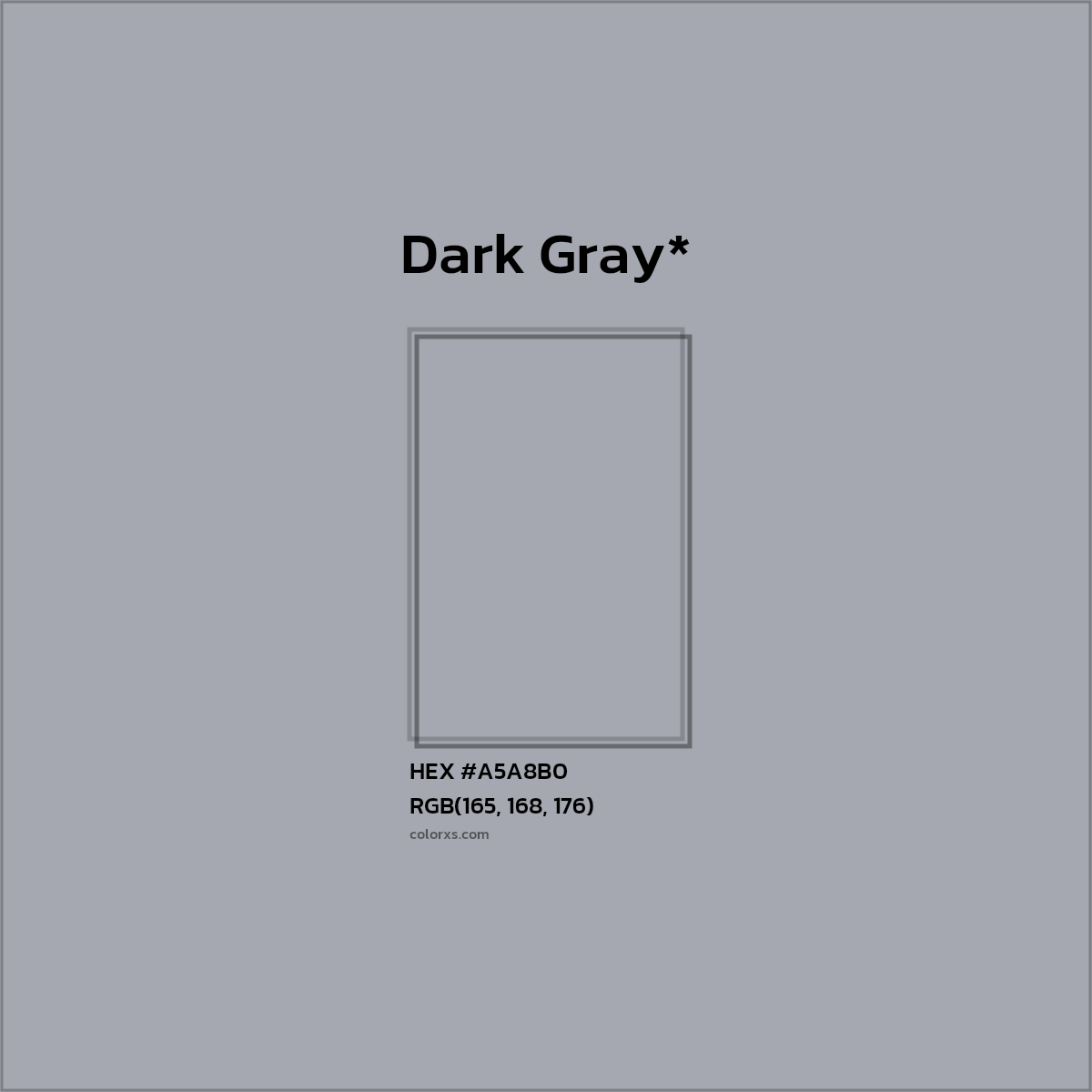#A5A8B0 hex color. RGB, RYB, CMYK, HSL, HSV codes and color conversions. Matching color names, palettes, paints.