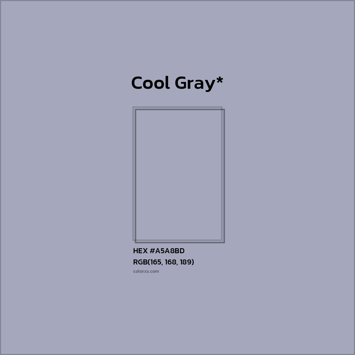 #A5A8BD hex color. RGB, RYB, CMYK, HSL, HSV codes and color conversions. Matching color names, palettes, paints.