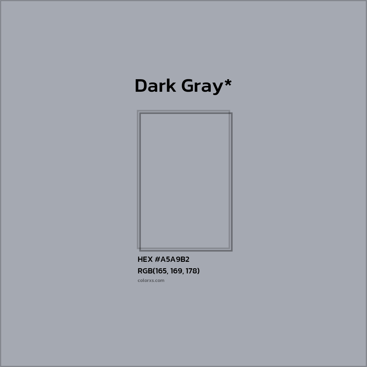#A5A9B2 hex color. RGB, RYB, CMYK, HSL, HSV codes and color conversions. Matching color names, palettes, paints.