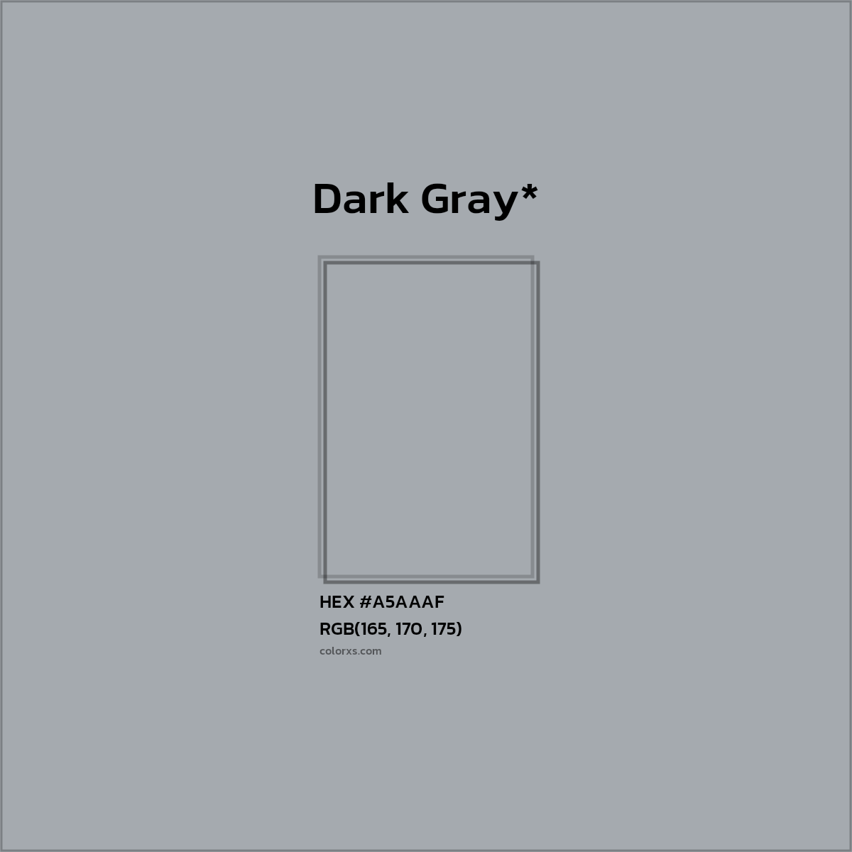 #A5AAAF hex color. RGB, RYB, CMYK, HSL, HSV codes and color conversions. Matching color names, palettes, paints.