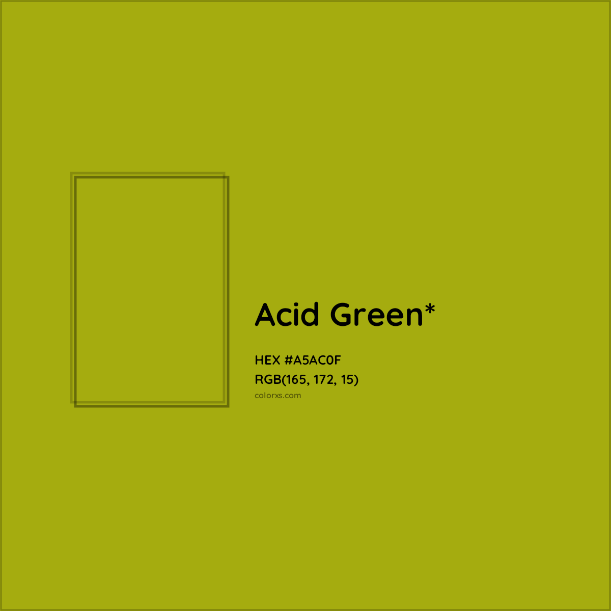 #A5AC0F hex color. RGB, RYB, CMYK, HSL, HSV codes and color conversions. Matching color names, palettes, paints.