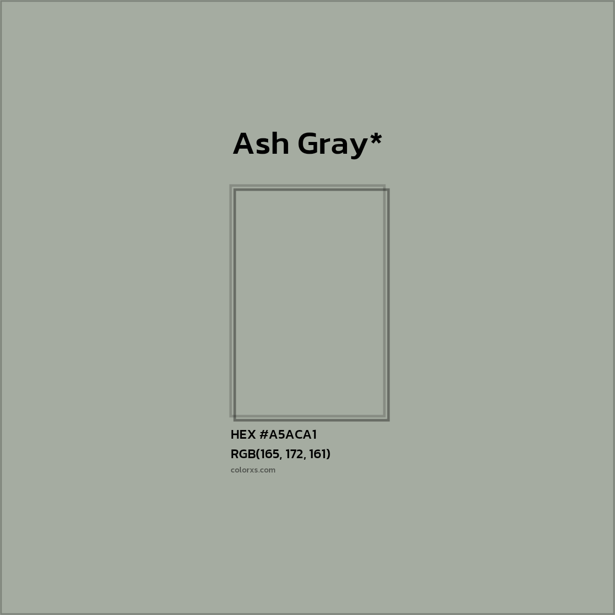 #A5ACA1 hex color. RGB, RYB, CMYK, HSL, HSV codes and color conversions. Matching color names, palettes, paints.